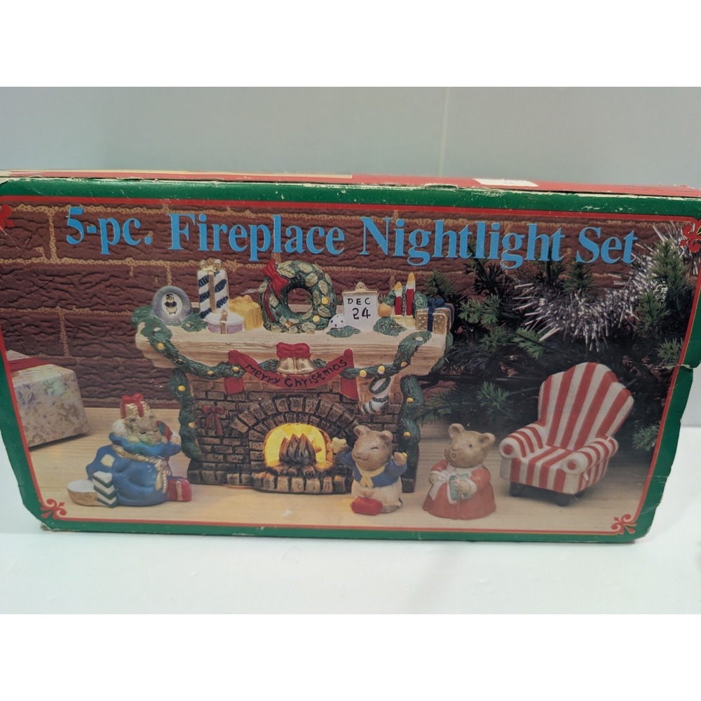 Vintage 5 Pc Ceramic Fireplace Nightlight Set Christmas Mice Chair WORKS Boxed